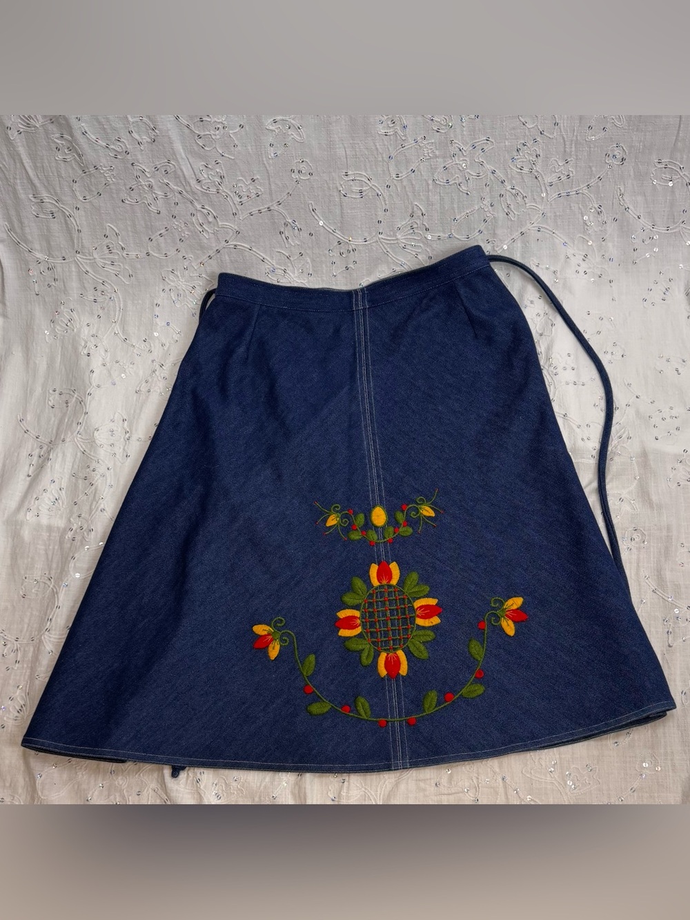 Vintage Handmade Embroidered Denim Wrap Skirt Folk Art Boho A-Line M/L